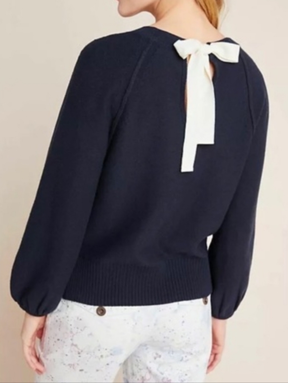 By Anthropologie Emily Puff Sleeve Sweater Navy Ivory Bow Back Size M